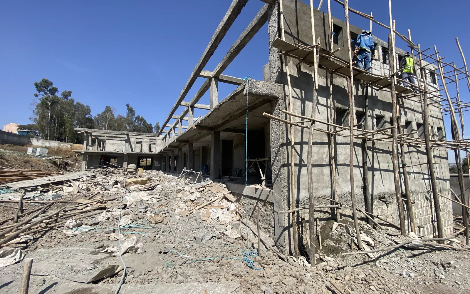 Building exterior with scaffolding during construction