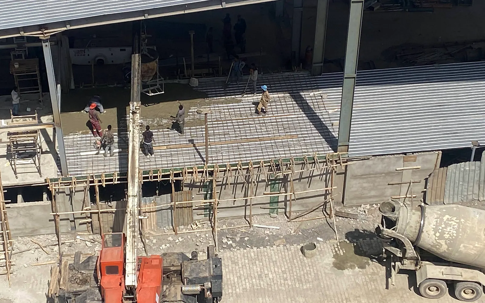 Concrete deck preparation and placement viewed from above