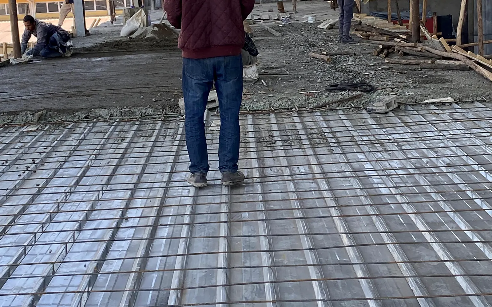 Reinforcement mesh being prepared across a steel deck