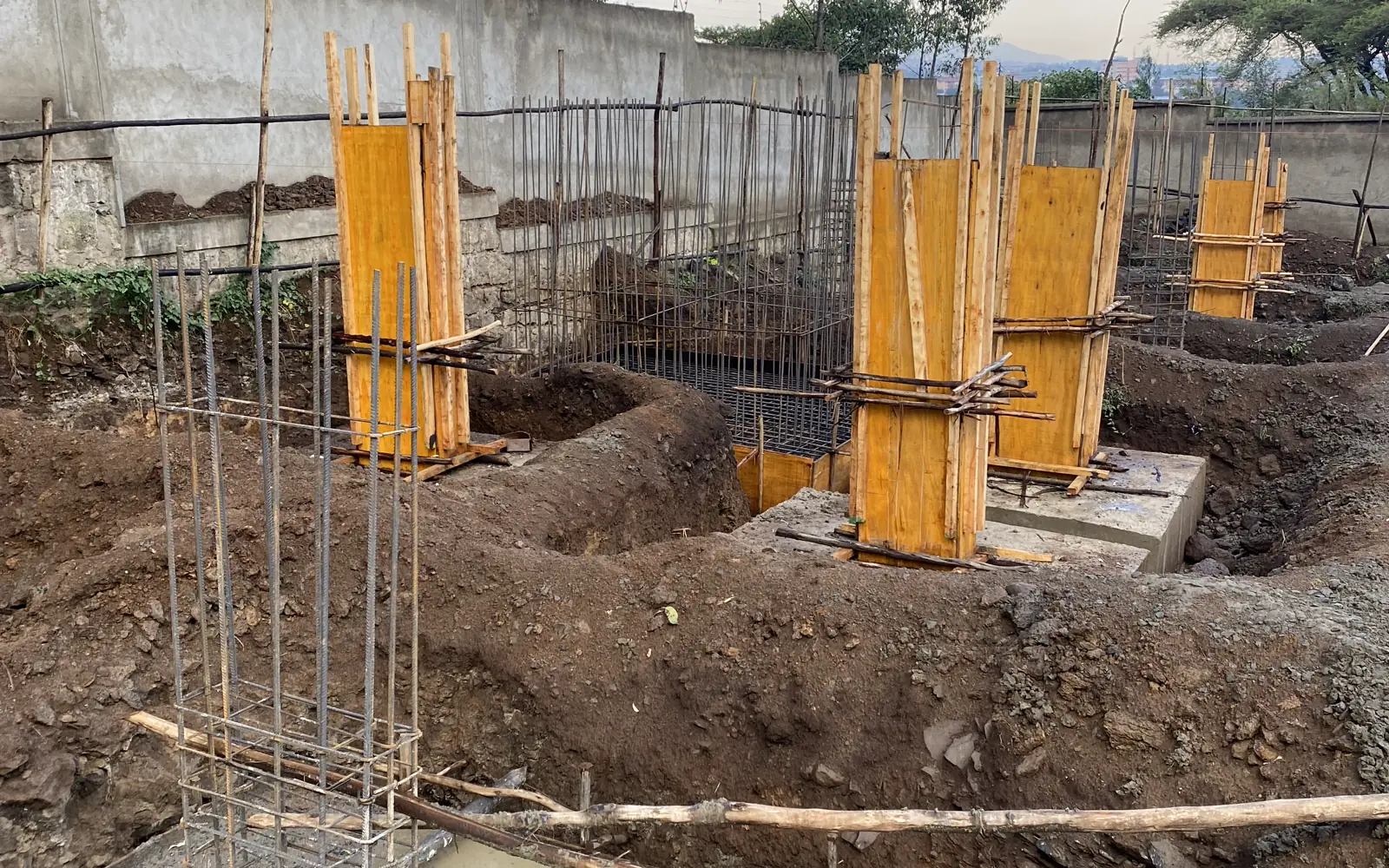 Foundation columns, reinforcement cages and timber formwork